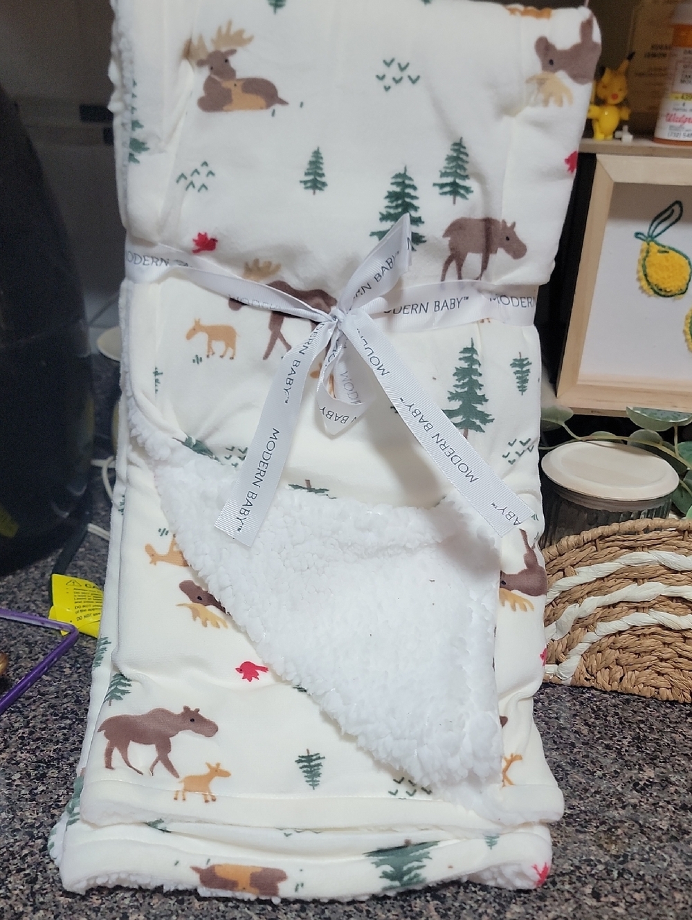 Modern Baby Woodland Moose & Tree Sherpa Baby Blanket - Super Soft